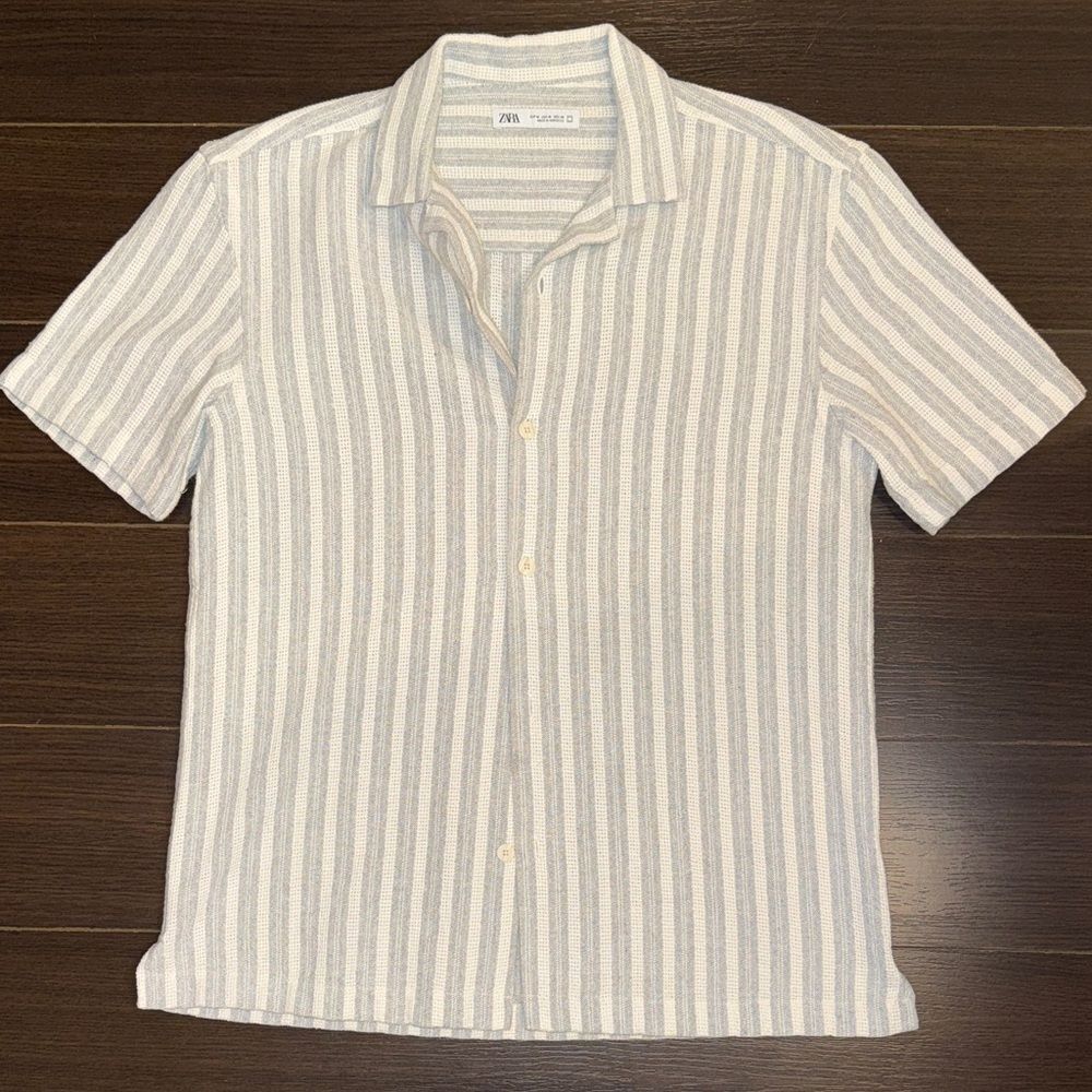Zara Men Short-Sleeve Striped Button-Down Shirt — White & Light Blue